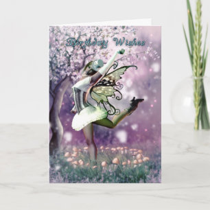 fairy birthday card , dancing fairy in mushrooms