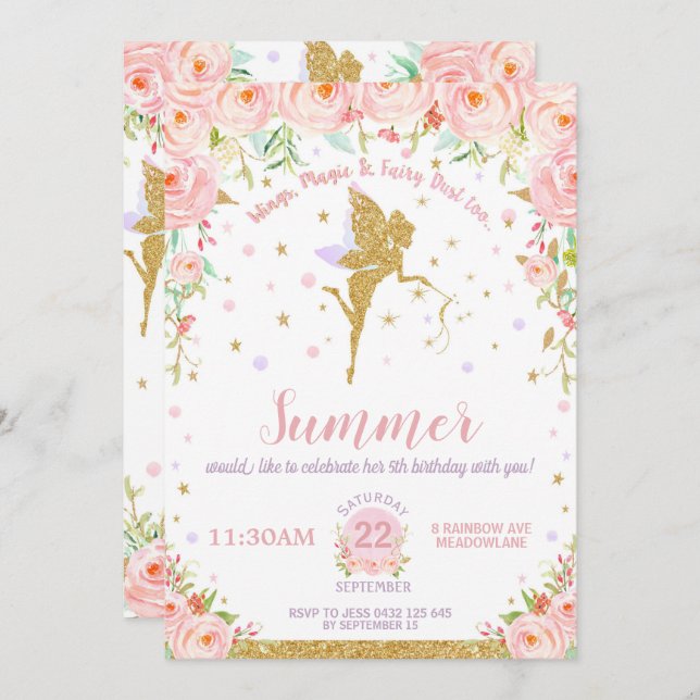 Fairy Birthday Invitations Pink Floral Whimsical (Front/Back)
