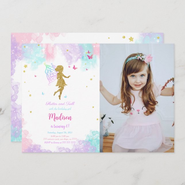 Fairy Birthday Party Invitation with Photo (Front/Back)