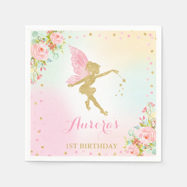 Fairy Birthday Party Napkin Pink And Gold Fairy (Front)
