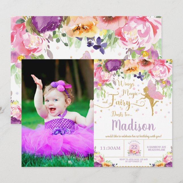 Fairy Birthday Party Purple Floral Whimsical Photo Invitation (Front/Back)