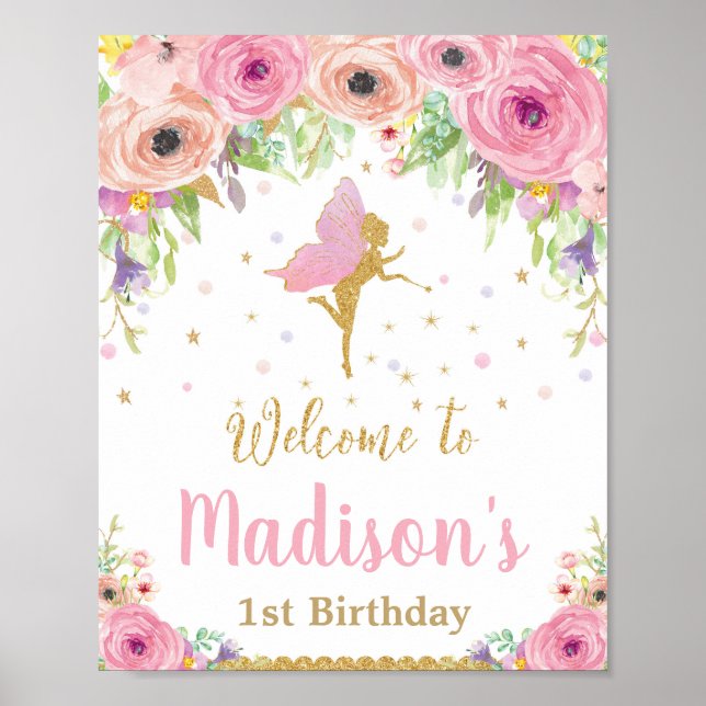 Fairy Birthday Party Welcome Sign Pink Floral Girl (Front)