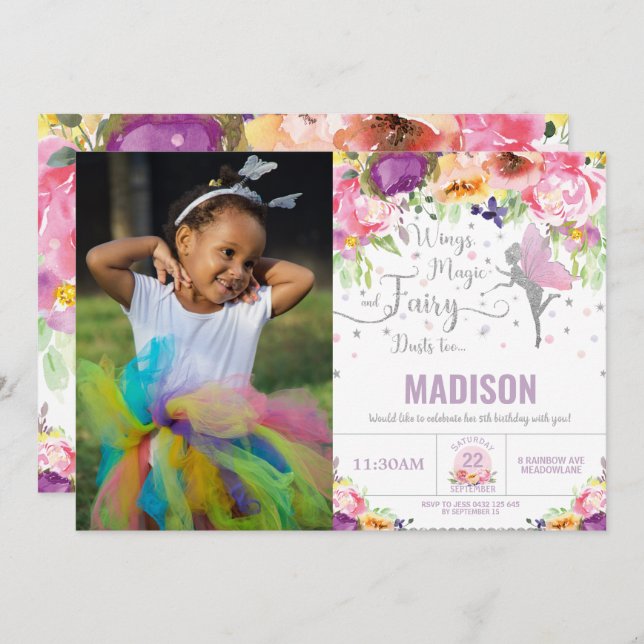 Fairy Birthday Purple Floral Silver Glitter Photo Invitation (Front/Back)