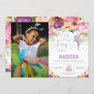 Fairy Birthday Purple Floral Silver Glitter Photo Invitation