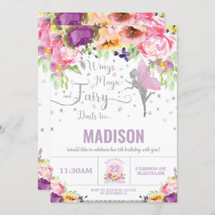 Fairy Birthday Purple Floral Silver Whimsical Invitation