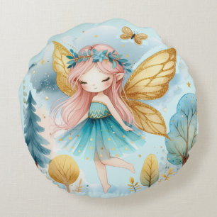 Fairy Birthday Teal Gold Pink Princess Fairytale Round Cushion