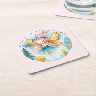 Fairy Birthday Teal Gold Pink Princess Fairytale Square Paper Coaster
