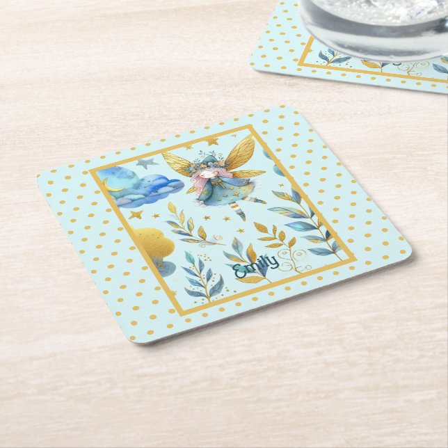 Fairy Birthday Teal Gold Pink Princess Fairytale Square Paper Coaster (Angled)