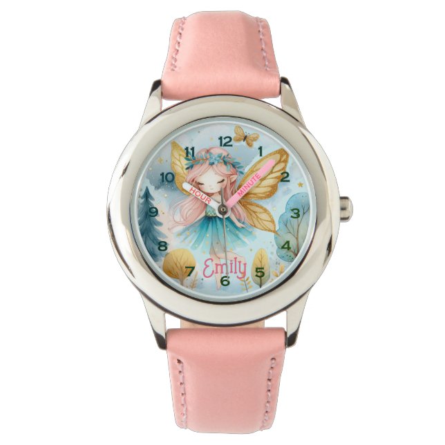 Fairy Birthday Teal Gold Pink Princess Fairytale Watch (Front)