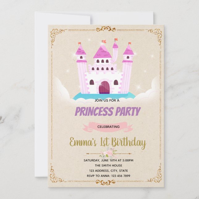 Fairy castle princess birthday invitation (Front)