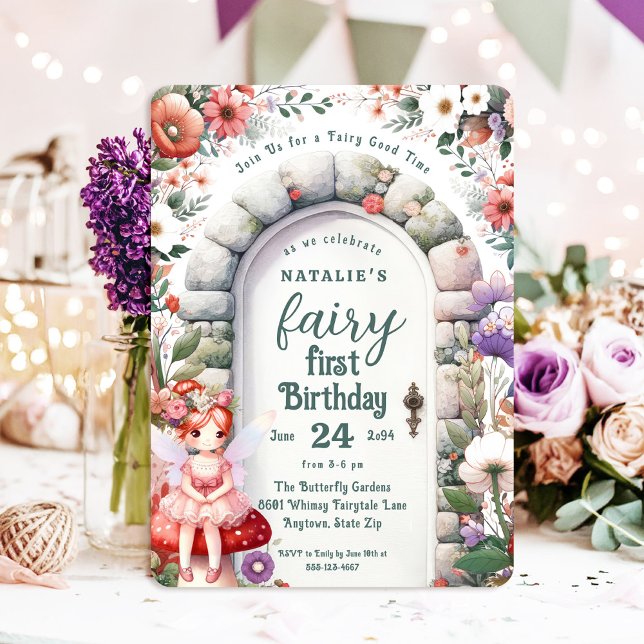 Fairy Doorway Red Hair Fairy First Birthday Party Invitation (Fairy First Birthday Invitation with Red Hair Fairy Girl and Enchanted Doorway)