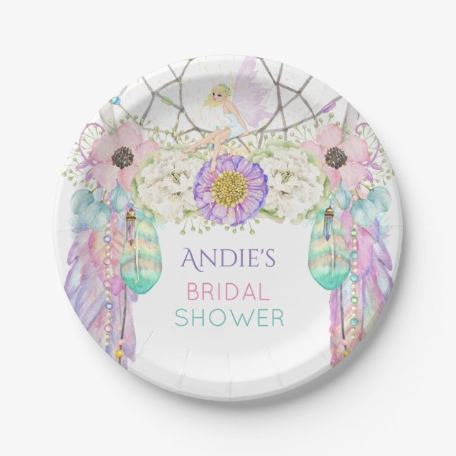 Fairy Dream Catcher Boho Feathers Crystals Paper Plate (Front)