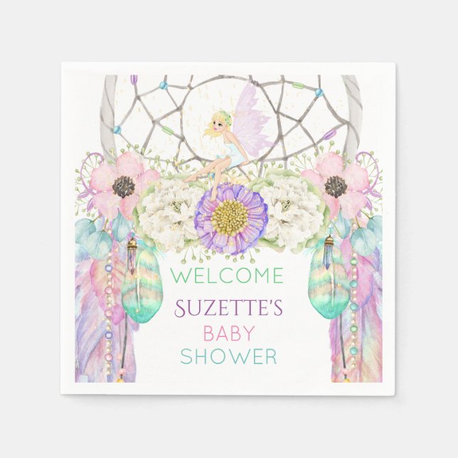Fairy Dream Catcher Feather Lavender Pink Mint Napkin (Front)
