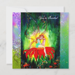 FAIRY DREAMING ON A RED FLOWER purple yellow,green Invitation