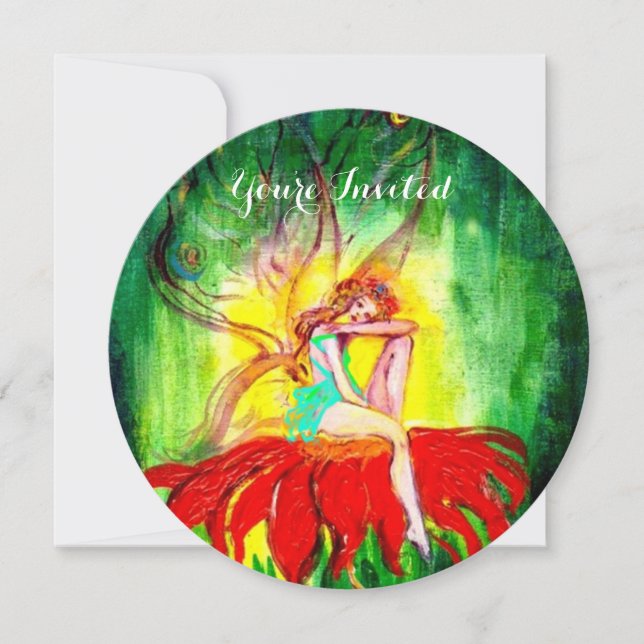FAIRY DREAMING ON A RED FLOWER Red Green Yellow Invitation (Front)