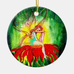FAIRY DREAMING ON A RED FLOWER ,VIBRANT RUBY CERAMIC TREE DECORATION