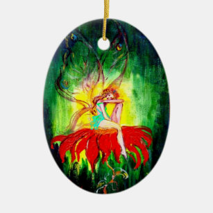 FAIRY DREAMING ON A RED FLOWER ,VIBRANT RUBY CERAMIC TREE DECORATION