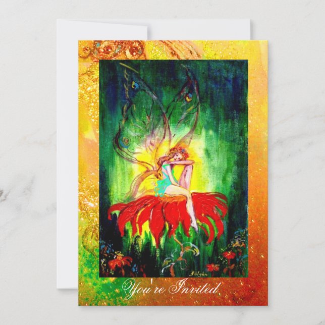 FAIRY DREAMING ON A RED FLOWER  yellow green Invitation (Front)