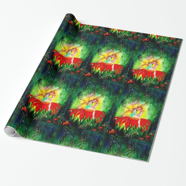 FAIRY DREAMING ON RED FLOWER Green Yellow Fantasy Wrapping Paper (Unrolled)