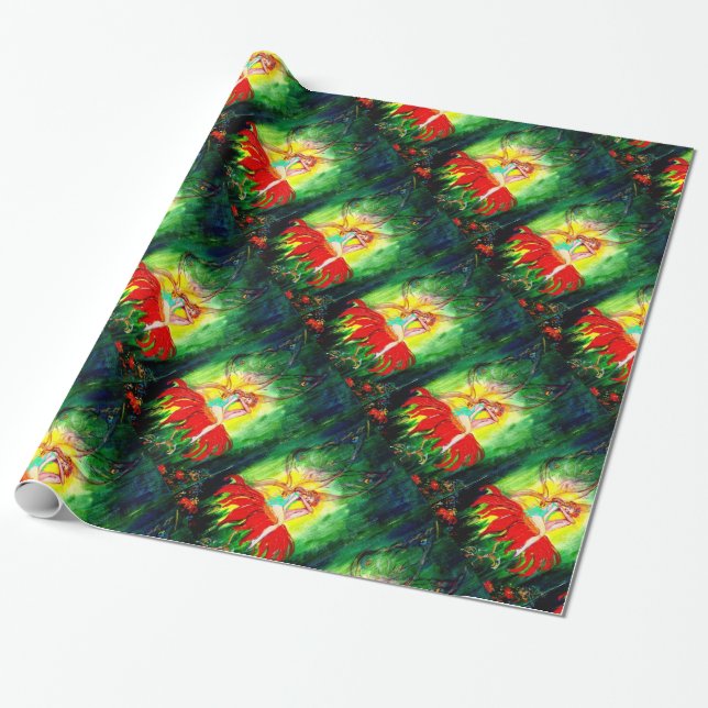FAIRY DREAMING ON RED FLOWER Green Yellow Fantasy Wrapping Paper (Unrolled)