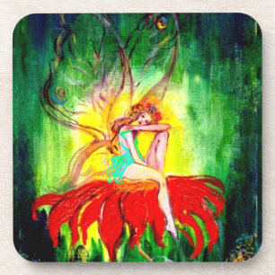 FAIRY DREAMING ON THE RED FLOWER green yellow Coaster