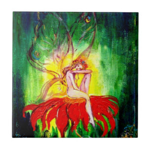 FAIRY DREAMING ON THE RED FLOWER green yellow Tile