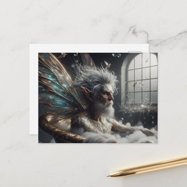 Fairy elder man Grey Hair in the Bubblebath Gold Postcard (Front/Back In Situ)