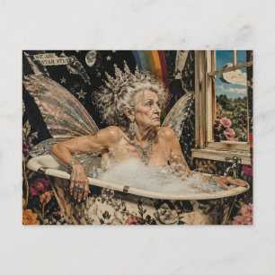 Fairy elder woman in bathtub star stuff collage postcard