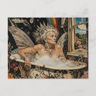Fairy elder woman in bathtub star stuff collage postcard