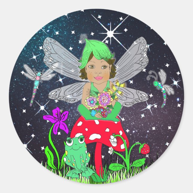 Fairy Elf Girl Sitting on Magical Mushroom Classic Round Sticker (Front)