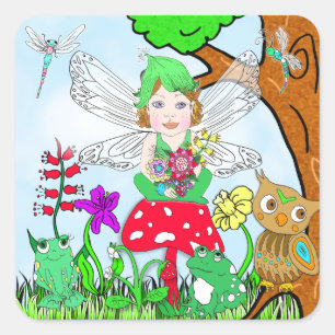 Fairy Elf Girl Sitting on Magical Mushroom Square Sticker