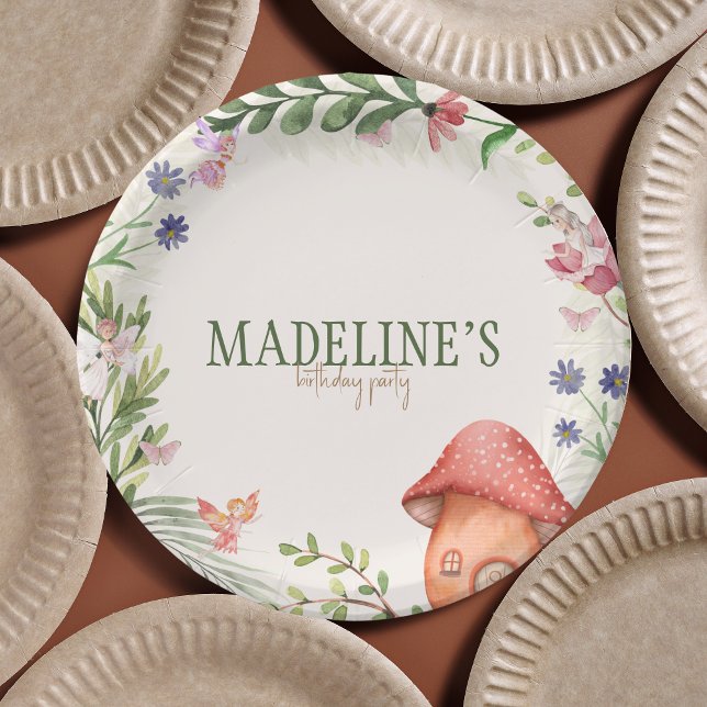  Fairy Enchanted Forest Mushroom Greenery Paper Plate (fairy first birthday paper plate)