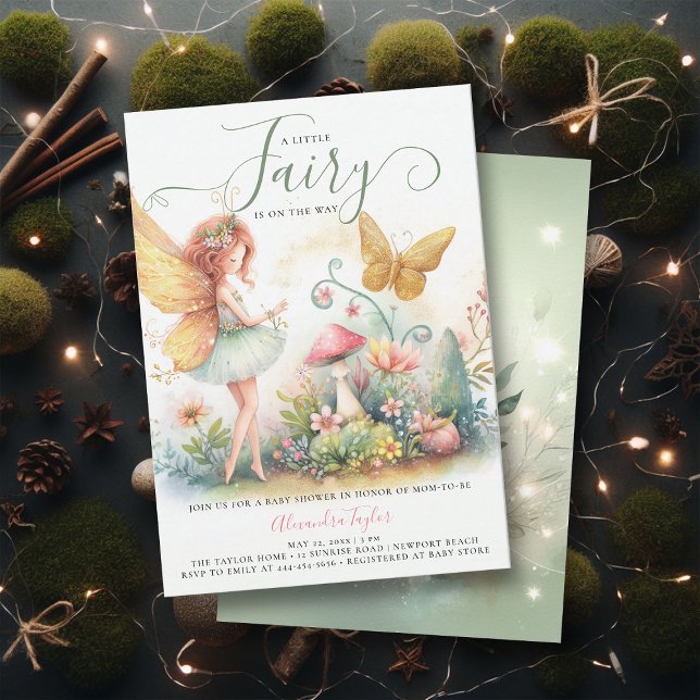 Fairy Enchanted Garden Mushroom Baby Girl Shower Invitation (a little fairy girl baby shower invitation enchanted forest garden butterfly mushroom emerald gold)