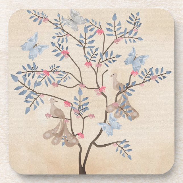 Fairy fantasy tree birds flowers beige grunge retr coaster (Front)