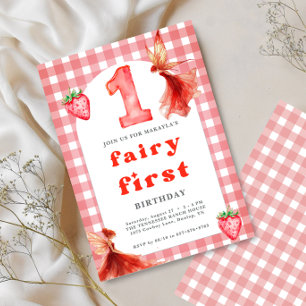 fairy first 1st Strawberry Gingham birthday Invitation