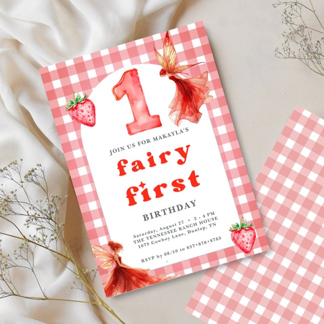 fairy first 1st Strawberry Gingham birthday Invitation (Creator Uploaded)