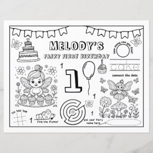 Fairy First Birthday Colouring Page Paper Sheet