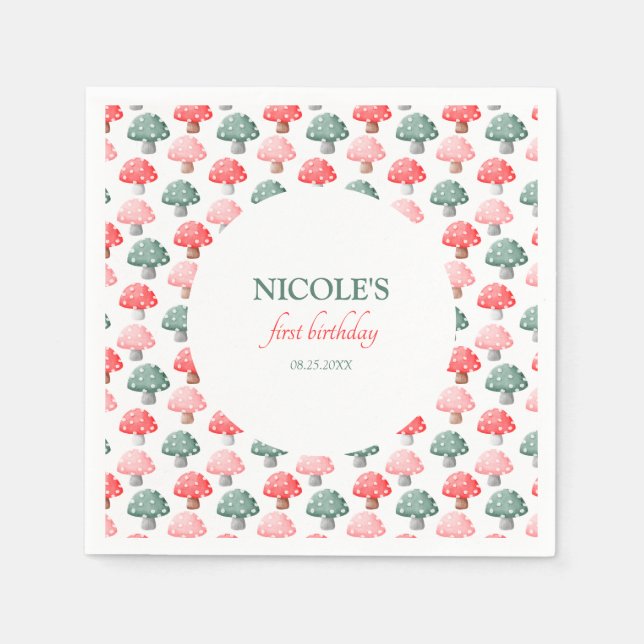 Fairy First Birthday Cute Colourful Mushroom Napkin (Front)