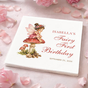 Fairy First Birthday Cute Girl Red Script Mushroom Napkin