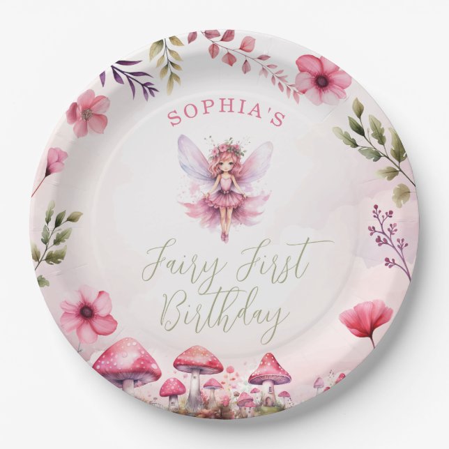 Fairy First Birthday Enchanted Forest Mushroom Paper Plate (Front)