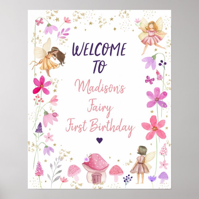 Fairy First Birthday Enchanted Garden Welcome Poster (Front)
