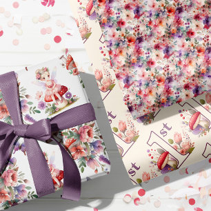 Fairy First Birthday Enchanted Watercolor Garden Wrapping Paper Sheet