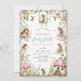 Fairy First Birthday Forest Watercolor Cute Girl Invitation