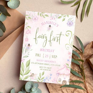 Fairy First Birthday Forest Watercolor Mushroom Invitation