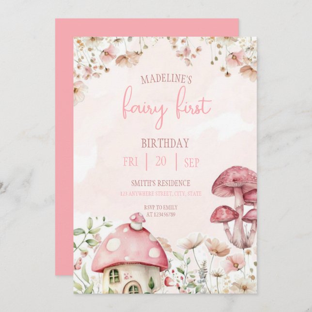 Fairy First Birthday Forest Watercolor Mushroom  Invitation (Front/Back)