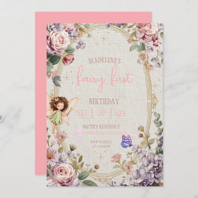 Fairy First Birthday Forest Watercolor Mushroom  Invitation (Front/Back)