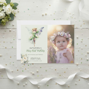 Fairy First Birthday Invitation Dusty green