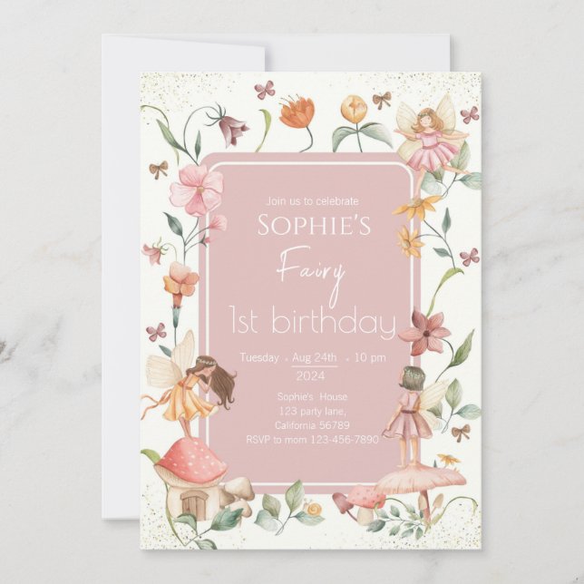 Fairy First Birthday Invitation Fairy Invitation (Front)
