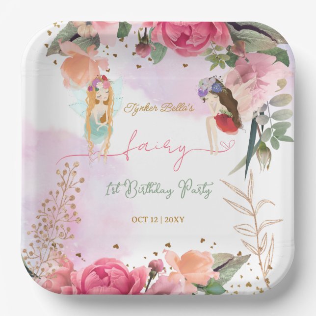 Fairy First Birthday Party Baby Girl  Paper Plate (Front)