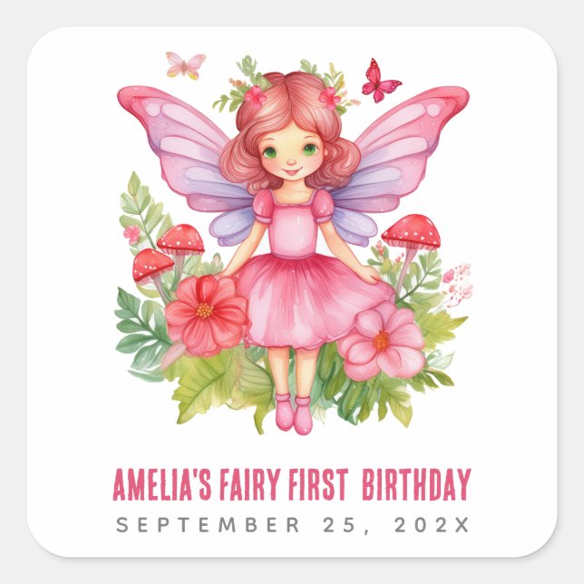 Fairy First Birthday Pink Pretty Girl Watercolor Square Sticker (Front)